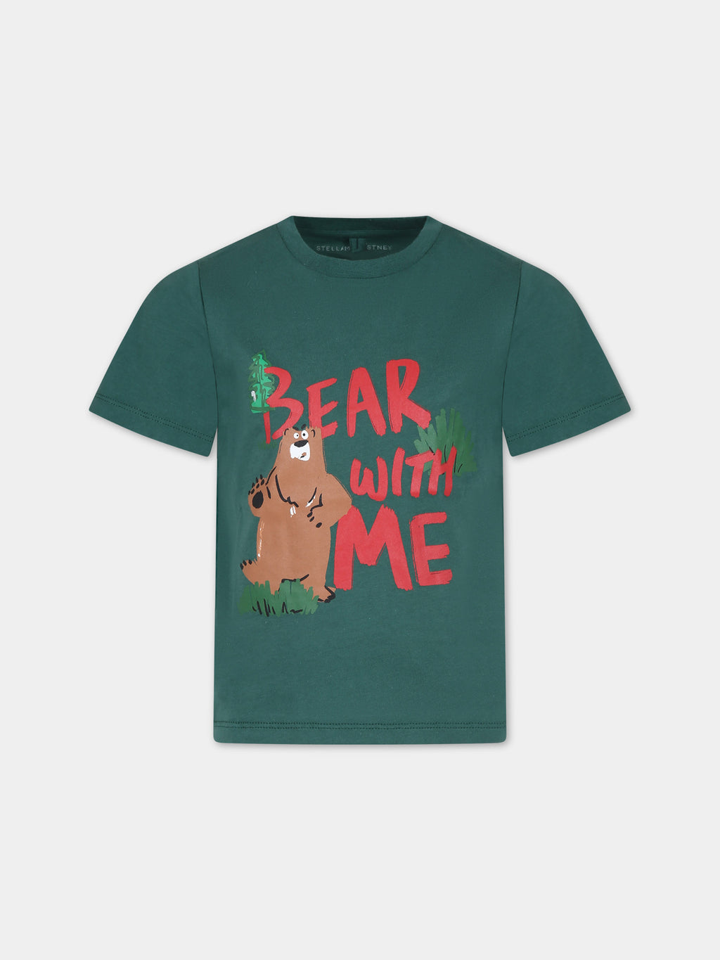T-shirt verde per bambino con stampa orso e scritta